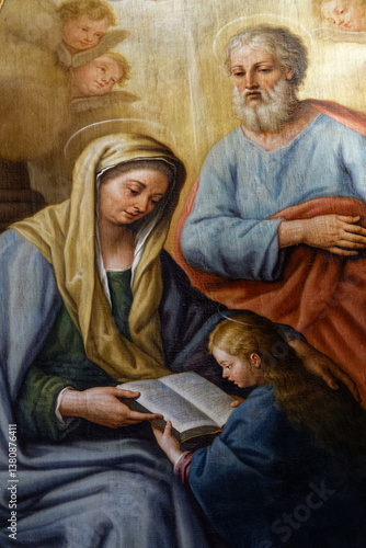 Painting (19th century) of the young Virgin Mary with her parents Saint Anne and Saint Joachim. .
