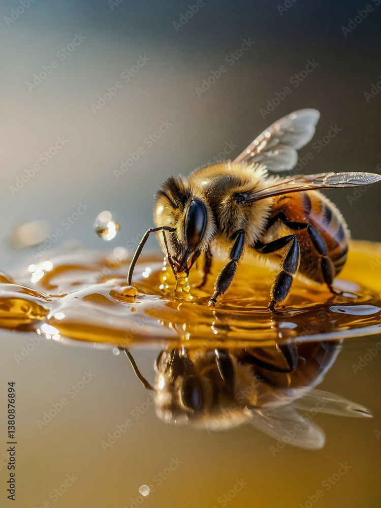 Honey water droplets with a bee and thick, sweet liquid.