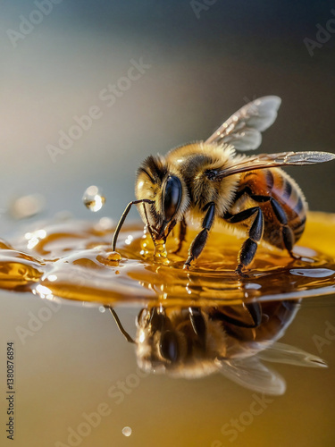 Obraz na płótnie Honey water droplets with a bee and thick, sweet liquid. w salonie