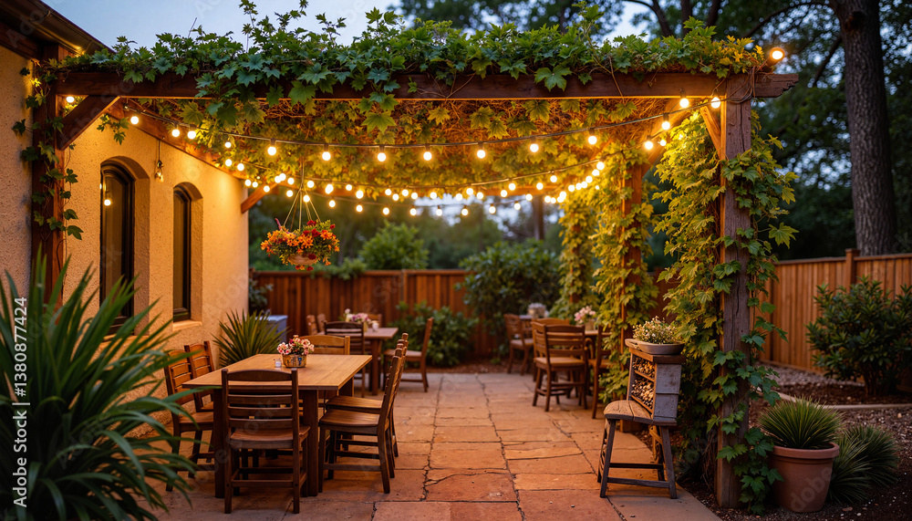 Obraz premium Cozy rustic patio with string lights and vines in warm evening glow