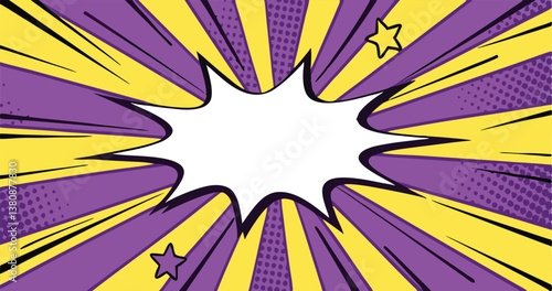 Dynamic Comic Book Background Purple, Yellow, Pop Art, Speech Bubble, Stars, Explosion, Radiating Li