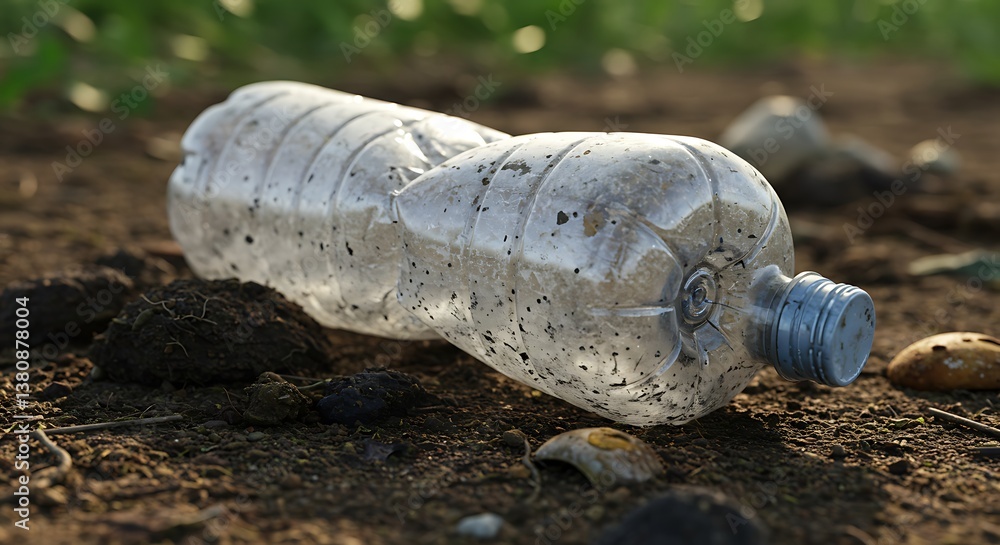 Obraz premium Discarded plastic bottle on soil, environmental pollution concept.