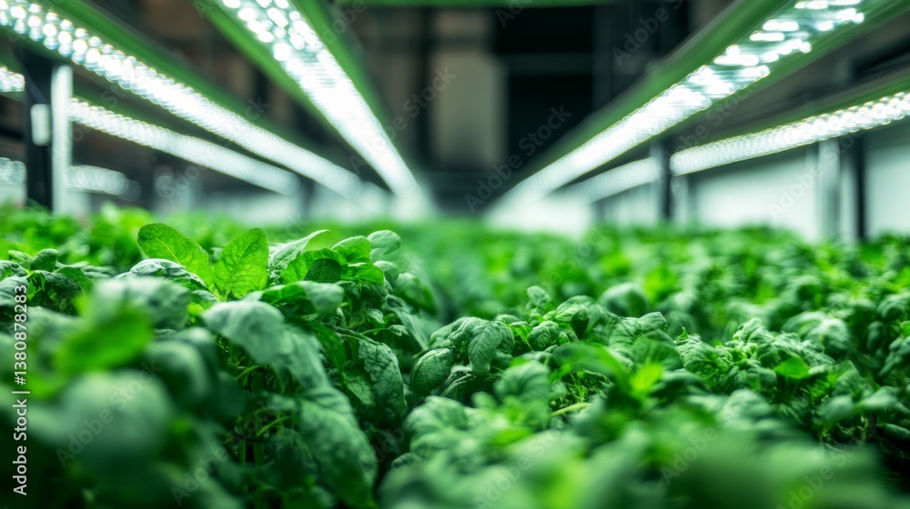 A modern vertical farm with lush green crops growing under LED lights, showcasing urban agriculture, A modern vertical farm with lush green crops growing under LED lights, showcasing urban agriculture,