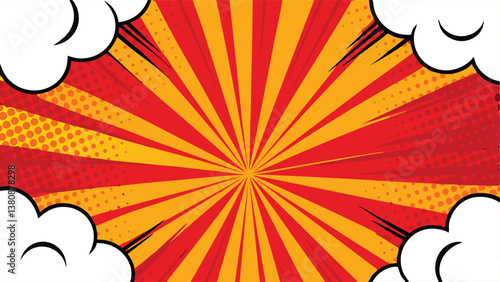 Dynamic Comic Book Style Background, Red and Yellow Radiating Sunburst, Pop Art Explosion, Speech Bu