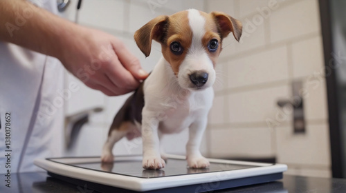 Puppy standing on vet scale during checkup in clinic