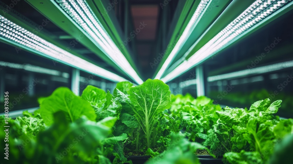 A modern vertical farm with lush green crops growing under LED lights, showcasing urban agriculture, A modern vertical farm with lush green crops growing under LED lights, showcasing urban agriculture,