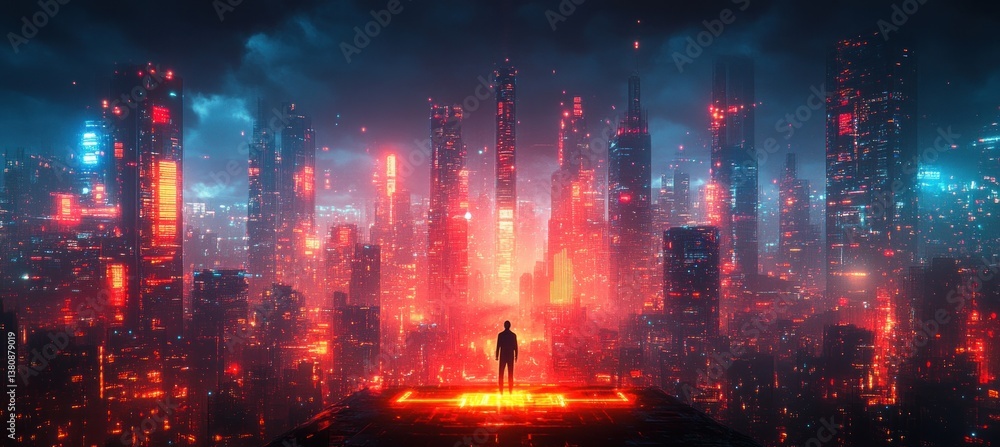 Fototapeta premium Futuristic Cityscape Businessman on Digital Platform at Night in Bangkok