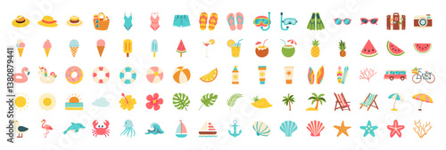 A collection of colorful icons for summer activities such as swimming, sunbathing, and boating