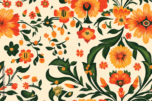 Seamless pattern with orange and green flowers on beige background, traditional folk art abstract