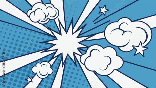 Comic Book Pop Art Explosion Dynamic Blue Rays, Stars, Clouds