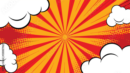 Comic Book Style Background Red, Orange, Sunburst, Speech Bubbles