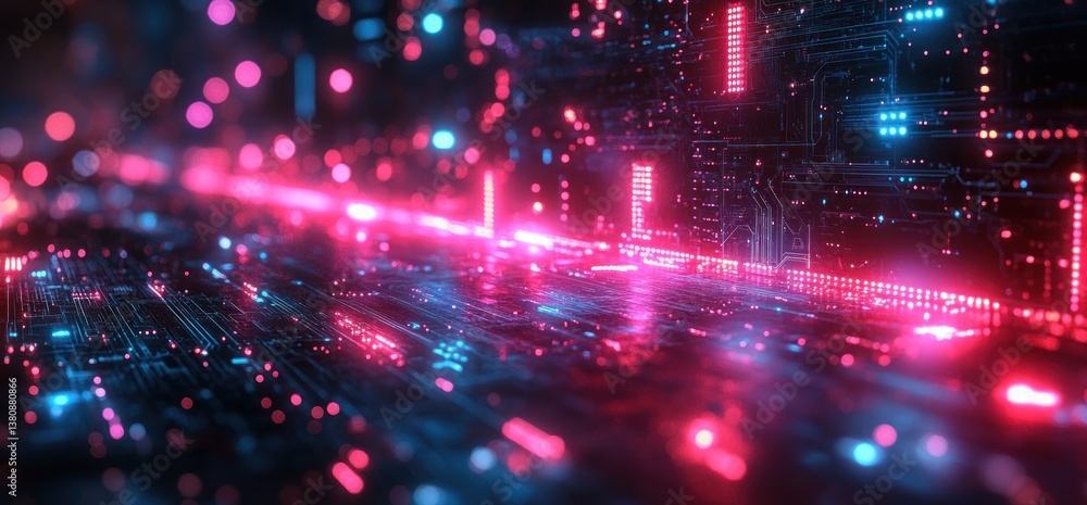 Fototapeta premium Futuristic Neon Grid Cyberpunk Aesthetic Digital Circuit Board Abstract Technology Background