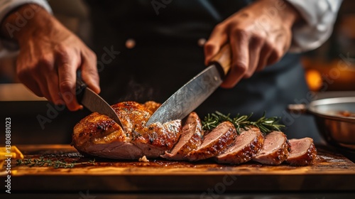 Chef Carving Roasted Meat on Wooden Board with Sharp Knives