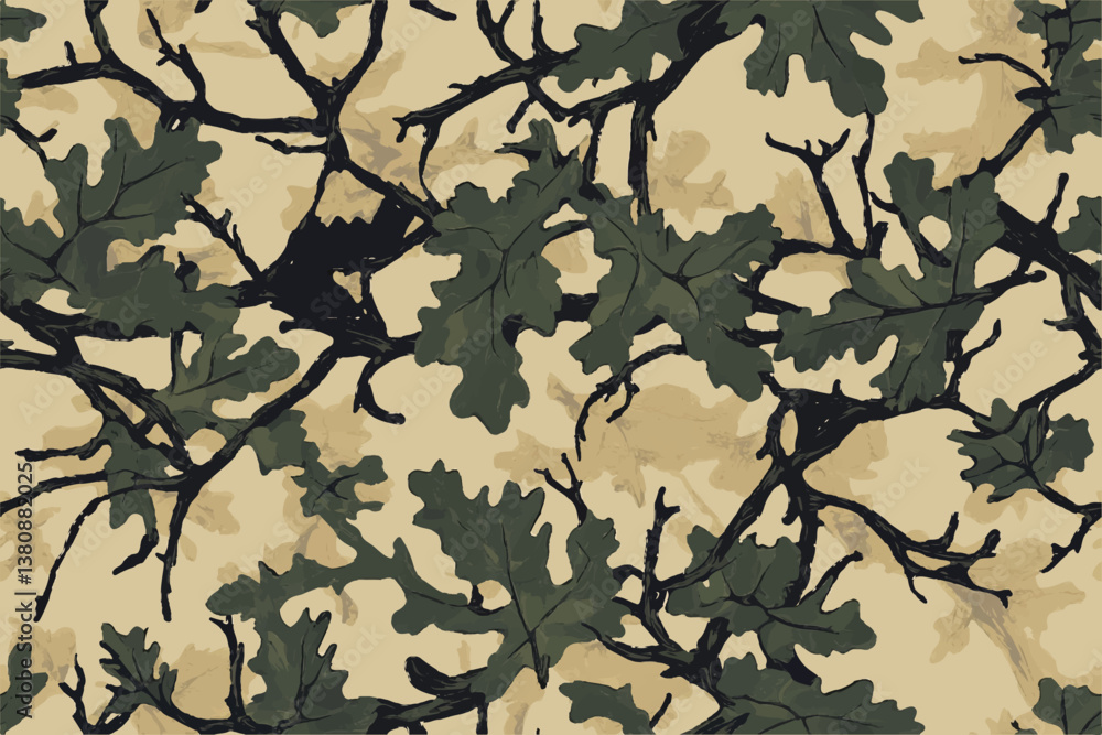 Vector background with a camouflage pattern featuring oak leaves and branches. Vector background with a camouflage pattern featuring oak leaves and branches.
