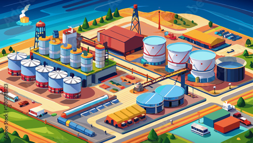 Aerial view oil terminal is industrial facility for storage tank of oil and petrochemical industry products ready for transport to further storage .