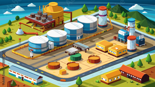 Aerial view oil terminal is industrial facility for storage tank of oil and petrochemical industry products ready for transport to further storage .