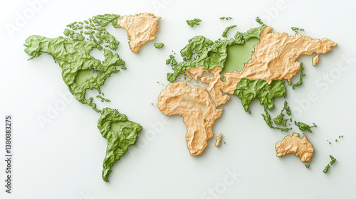 Surreal Environmental Warning, detailed world map showcasing landforms green and orange hues, emphasizing geographical features