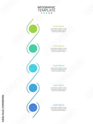 5 Elements placed in vertical row. Concept of 5 successive steps of project development process. Flat infographic design template. Simple vector illustration for business analytics.