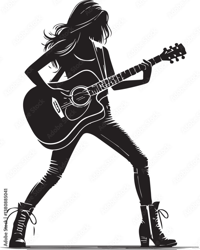 Fototapeta premium girl with electric guitar vector, girl with electric guitar silhouette vector, man with electric guitar vector illustration