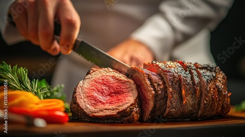 Chef expertly slicing succulent roast beef, showcasing culinary precision and exquisite presentation