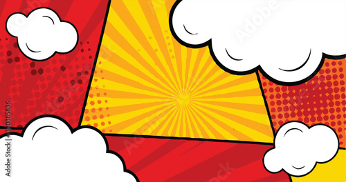 Comic Book Pop Art Background Red, Yellow, Sunburst, Speech Bubbles