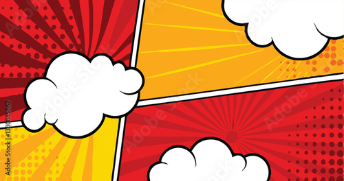 Comic Book Style Background, Red and Yellow Panels, Speech Bubbles