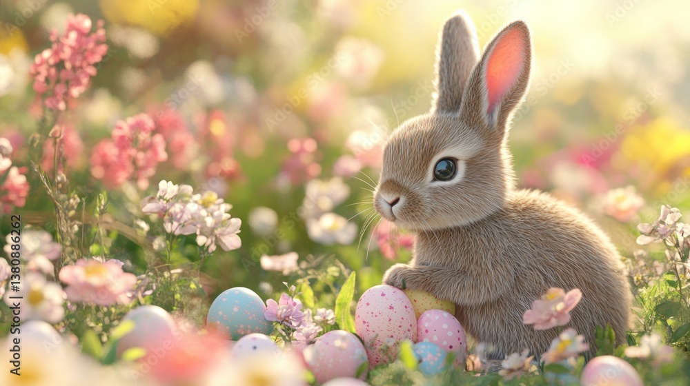 Cute Bunny with Decorated Eggs in Flower Meadow Spring Scene