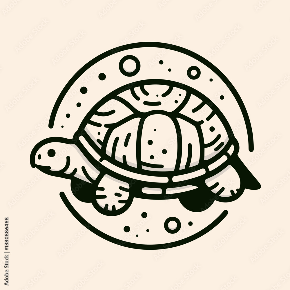 Fototapeta premium Stylized black turtle illustration within a circular frame, featuring decorative elements and textures