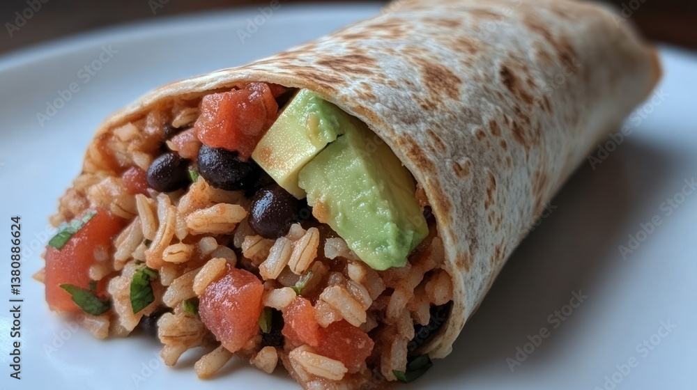 Delicious vegan burrito bursting with fresh ingredients on white plate backdrop