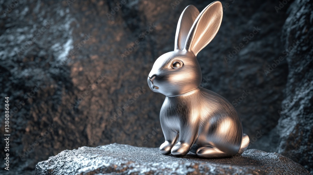 Silver Rabbit Figurine Sitting on Rock Against a Dark Textured Background