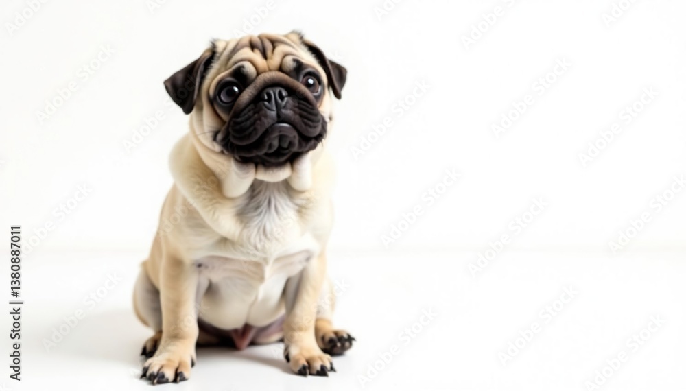 Obraz premium Adorable pug dog sitting, isolated on white background, white, friend, vector