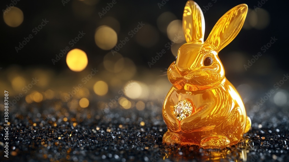 Golden Rabbit Figurine with Diamond Sitting on Glittery Surface