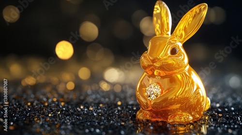 Obraz na płótnie Golden Rabbit Figurine with Diamond Sitting on Glittery Surface w salonie