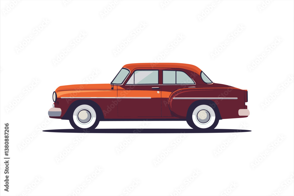 Fototapeta premium Vintage Orange and Red Car Vector Illustration Side View. Vintage car vector illustration of an orange and red vehicle in side view. Classic automobile design with a retro aesthetic