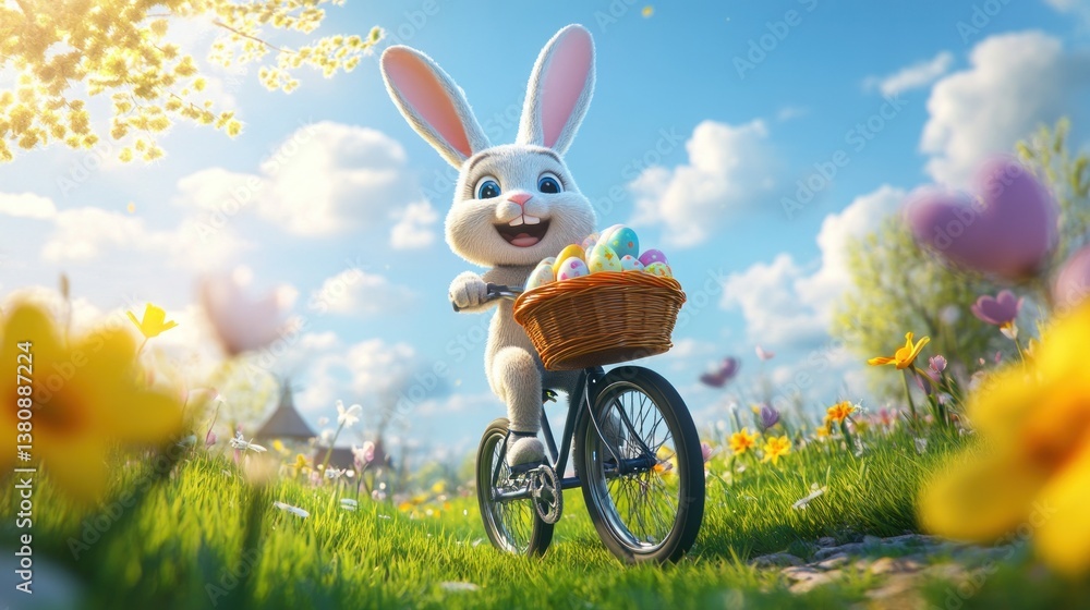 Bunny Riding Bike with Easter Eggs Through Field of Flowers
