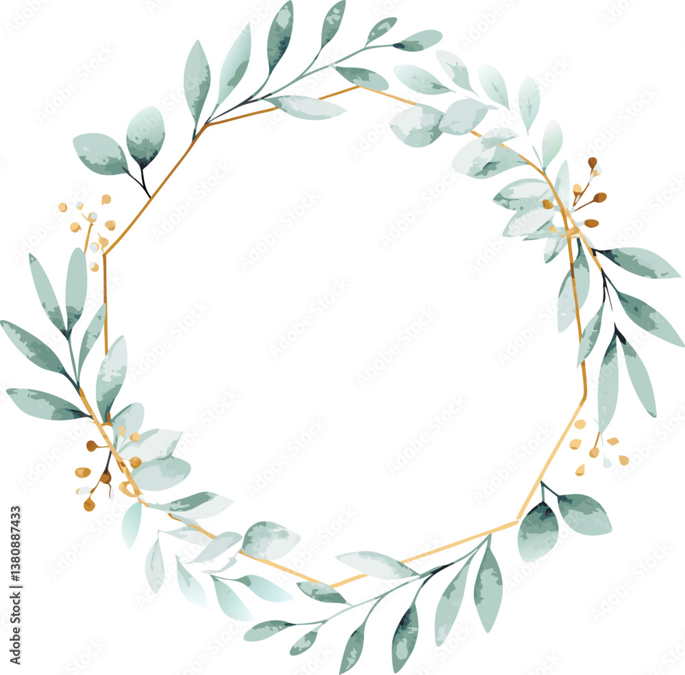 Elegant Gold Geometric Wreath with Watercolor Greenery Leaves Elegant Gold Geometric Wreath with Watercolor Greenery Leaves