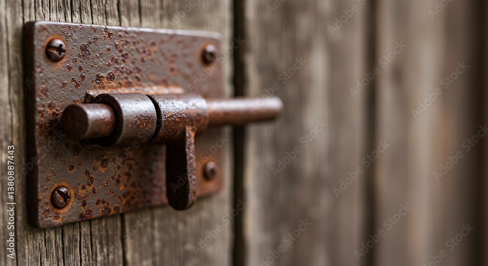 Weathered Iron Latch: Rustic Security on Aged Wooden Door, Close-Up Detail. Weathered Iron Latch: Rustic Security on Aged Wooden Door, Close-Up Detail.