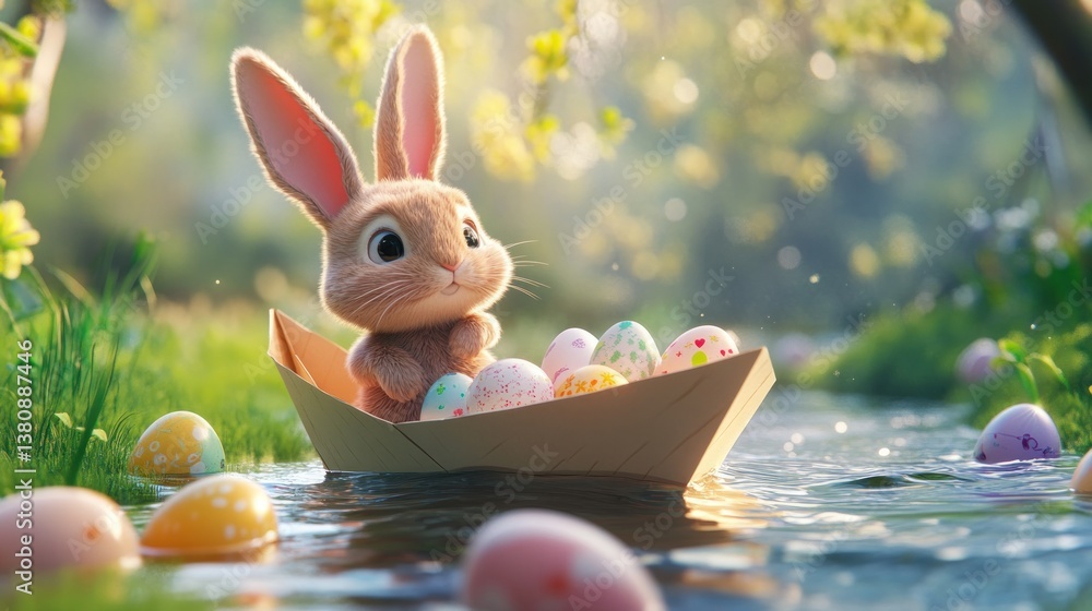 Rabbit Navigating Stream in Paper Boat with Festive Eggs
