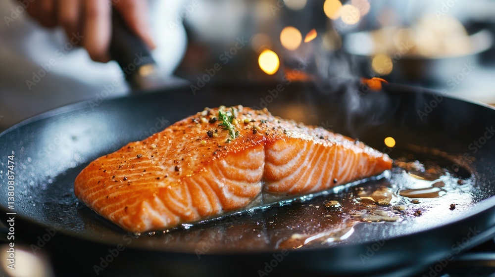 Sizzling Salmon: Fresh Fillet Searing on a Hot Pan for Culinary Delight