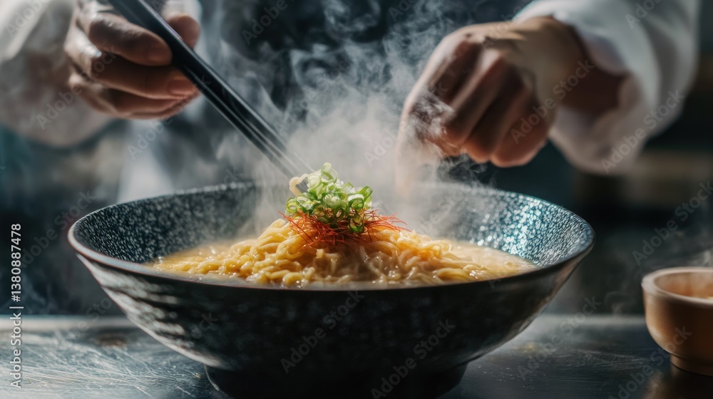 Chef finalizing a steaming bowl of ramen with fresh garnish and expert precision