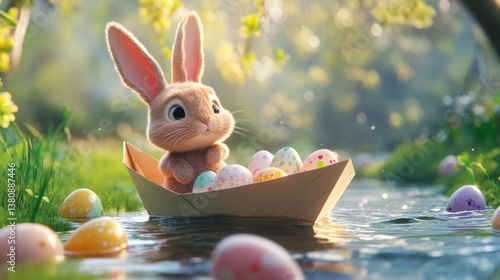 Rabbit Navigating Stream in Paper Boat with Festive Eggs