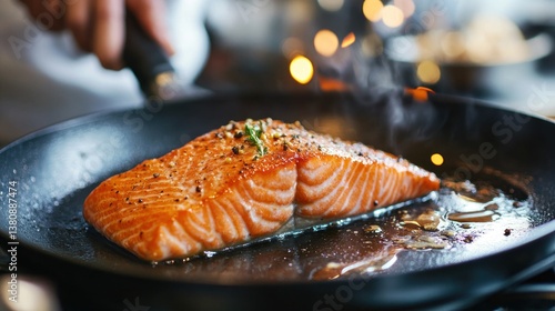 Obraz na płótnie Sizzling Salmon: Fresh Fillet Searing on a Hot Pan for Culinary Delight w salonie