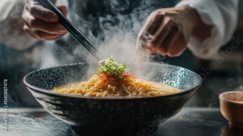 Obraz na płótnie Chef finalizing a steaming bowl of ramen with fresh garnish and expert precision w salonie