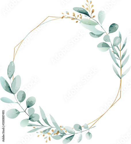 Elegant Gold Geometric Wreath with Watercolor Greenery