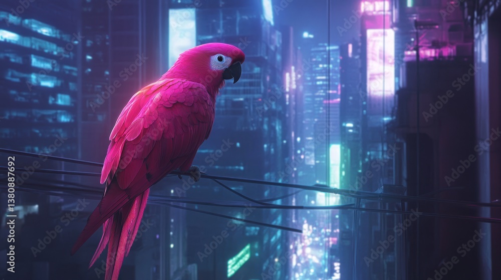 Vibrant parrot perched against a neon cityscape backdrop, digital art