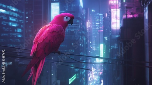 Obraz na płótnie Vibrant parrot perched against a neon cityscape backdrop, digital art w salonie