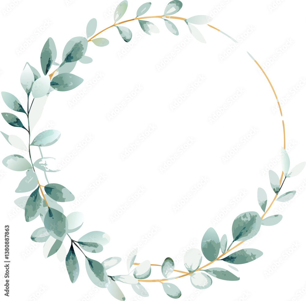 Fototapeta premium Elegant Watercolor Greenery Wreath, Botanical Frame, Gold Circle, Wedding Invitation, Floral Design,