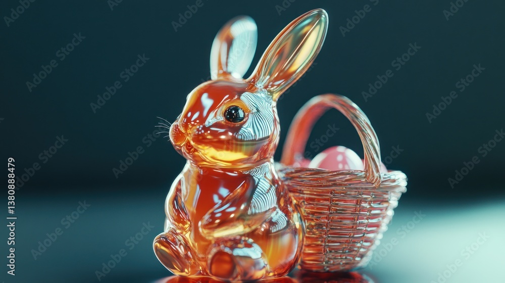 Translucent easter bunny figurine with basket of eggs on a reflective surface