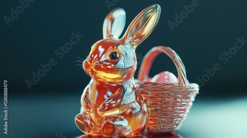 Obraz na płótnie Translucent easter bunny figurine with basket of eggs on a reflective surface w salonie