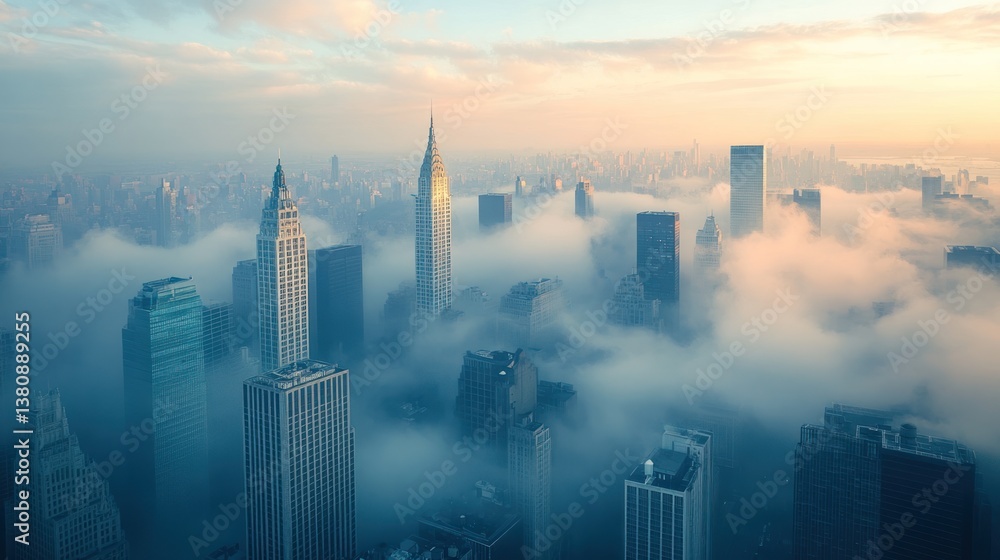 Manhattan's Misty Morning Dream: Skyscrapers Pierce Through Dense Fog in New York